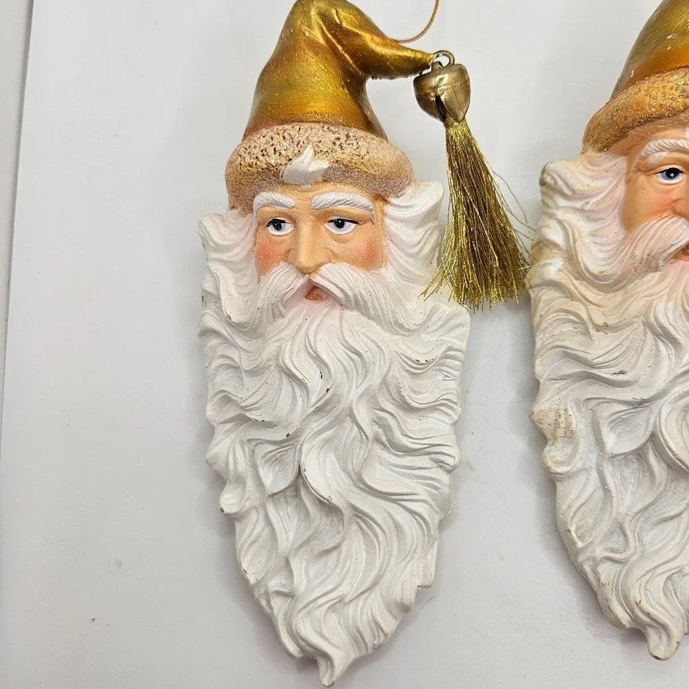 Set of 3 Vintage Santa Face Christmas Ornaments‎ Gold Hat Tassel Holiday Decor